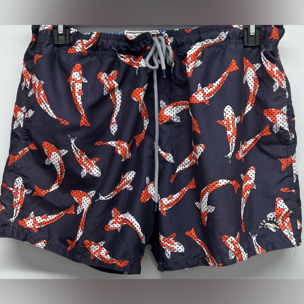Ted Baker Koi Fish Drawstring Lined Swim Board Shorts SZ 5 32” Elastic Waist